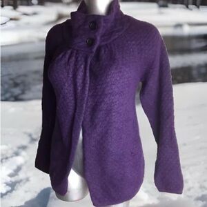 Ann Taylor LOFT Petites Womens SP Purple Eggplant Waffle Knit Sweater Jacket S